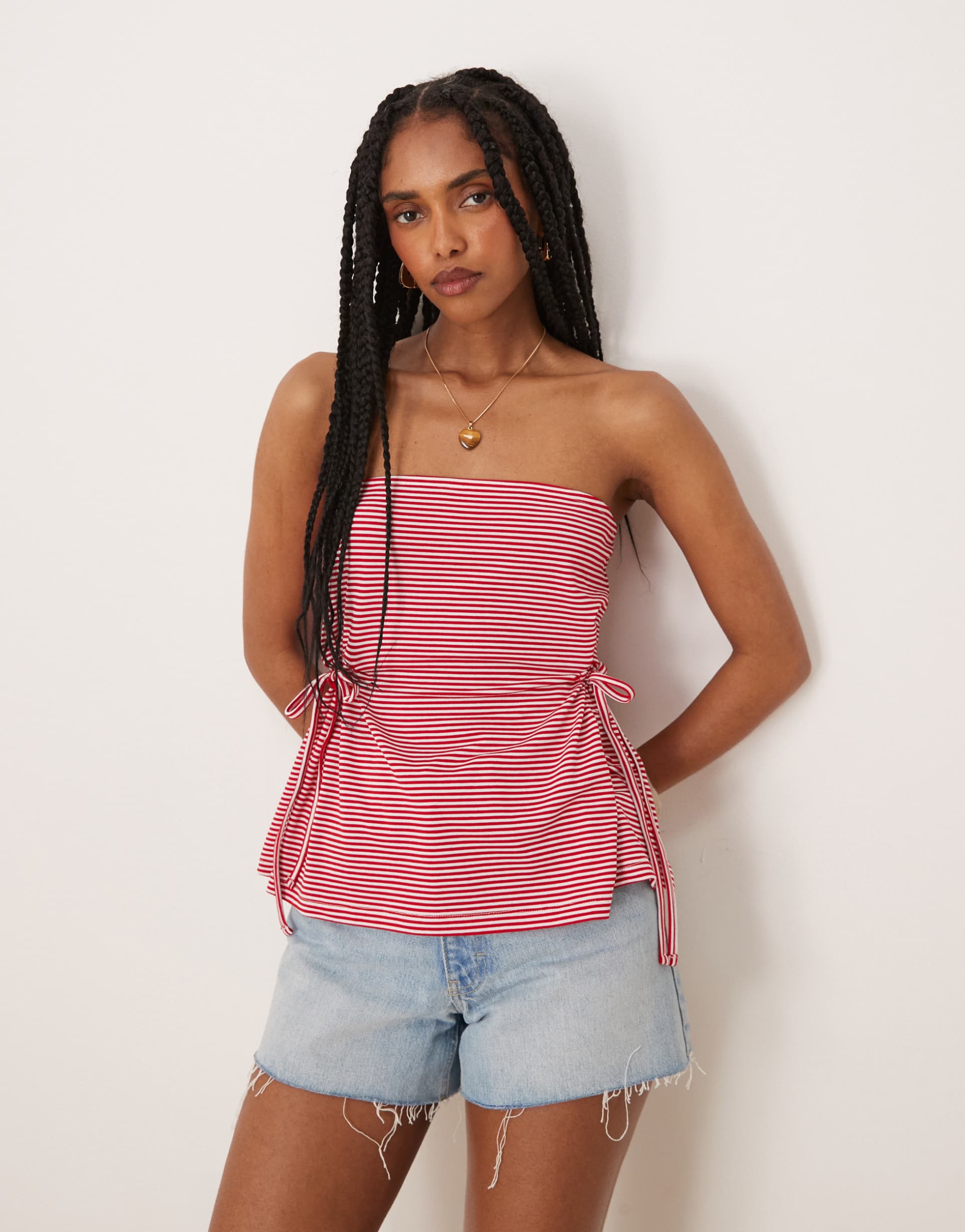 asos design cinched tie sides bandeau top in red stripes