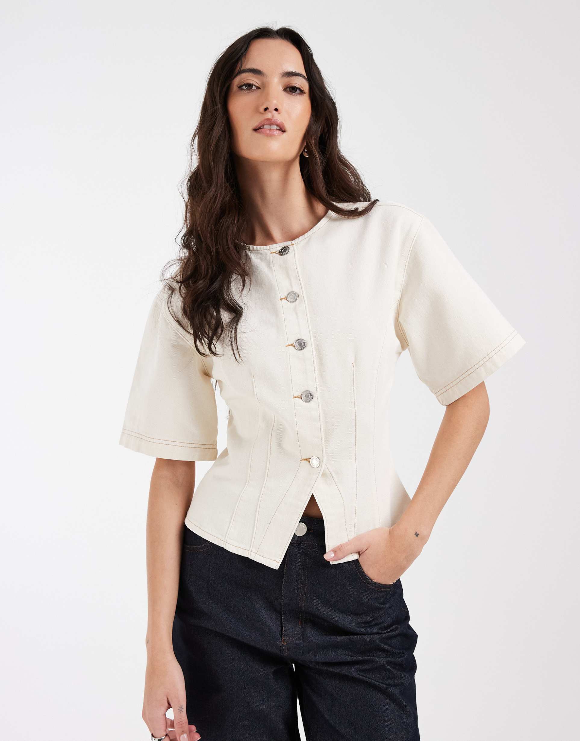 asos design cinched top in ecru denim