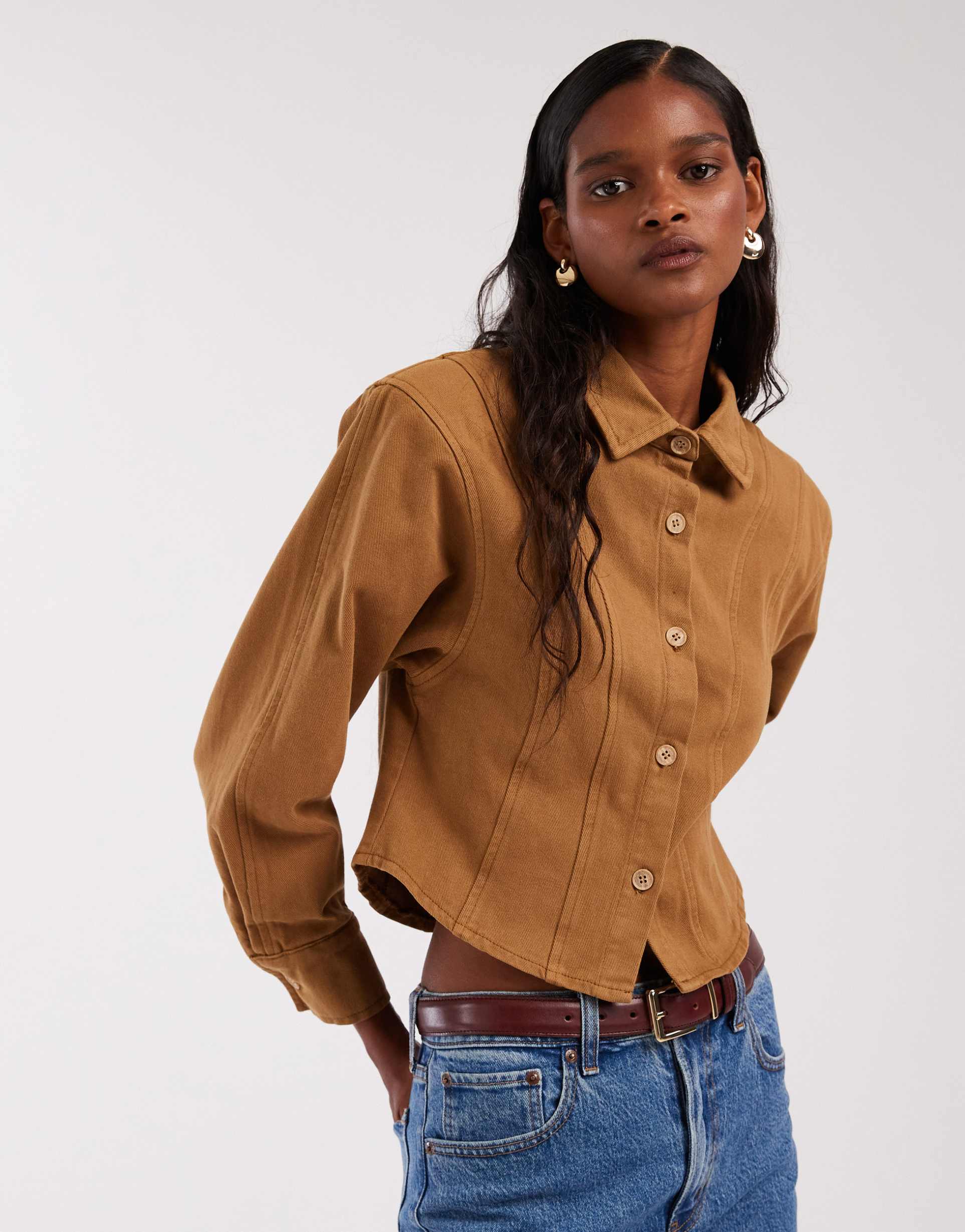 asos design cinched twill jacket in caramel