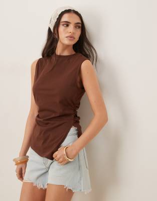 ASOS DESIGN cinched vest with asymmetric hem in brown - view 1