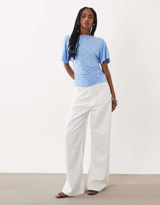 ASOS DESIGN cinched waist angel sleeve tee with v-back detailing in pastel blue polka-dot print, 2 of 4