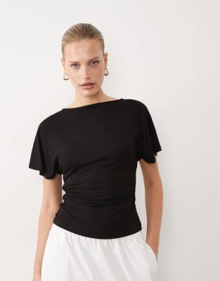 ASOS DESIGN cinched waist angel sleeve tee with v front detail in black