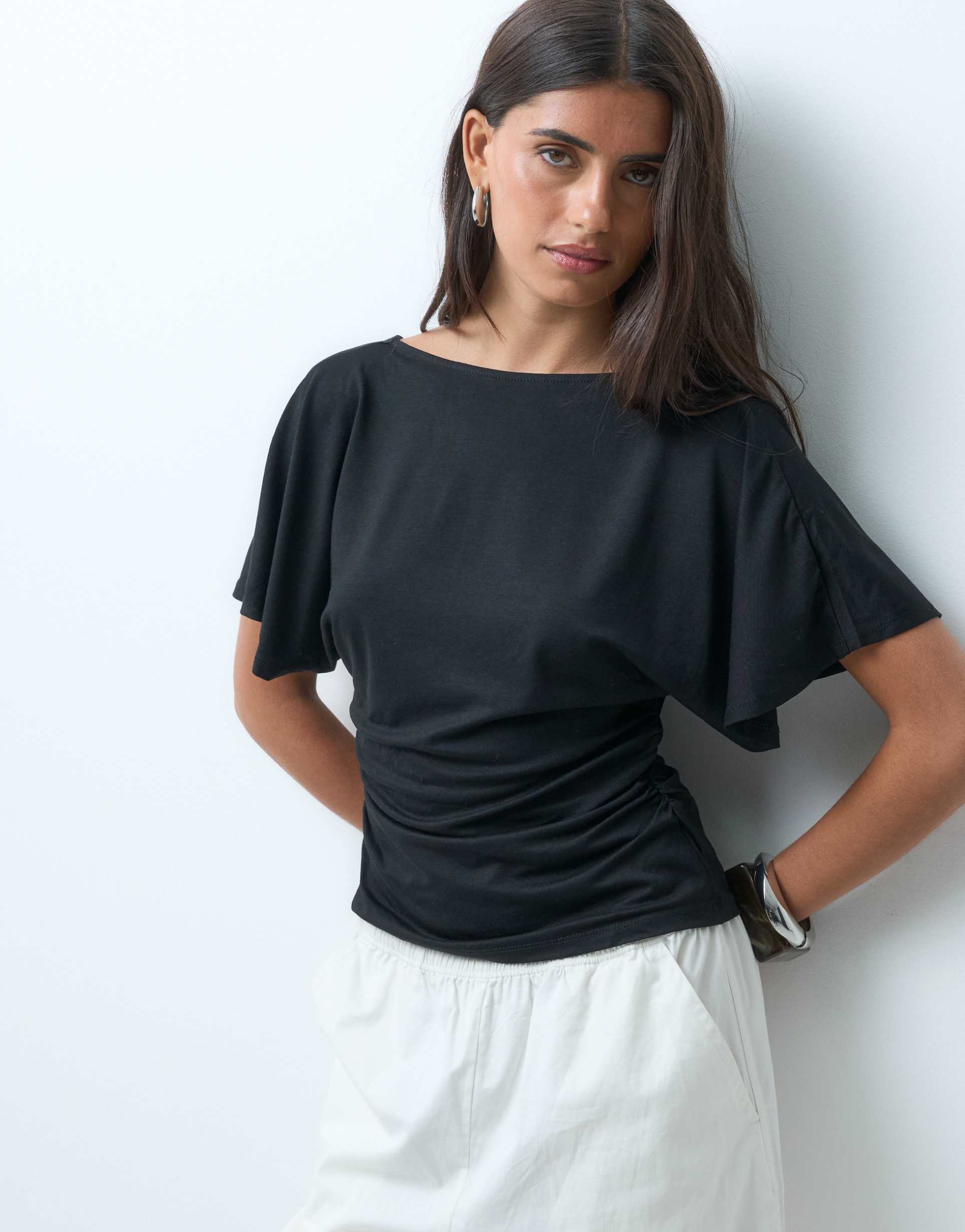 asos design cinched waist angel sleeve tee with v front detail in black
