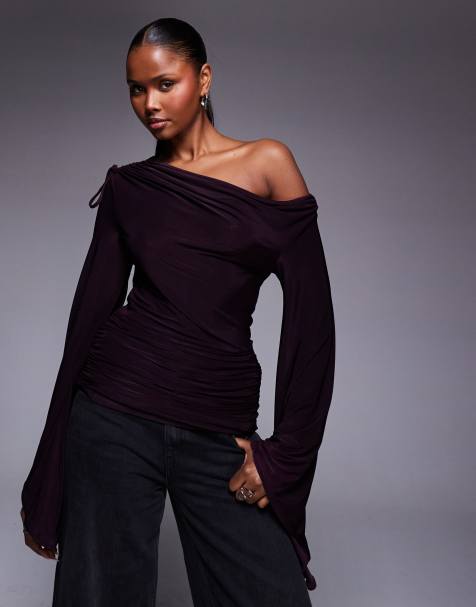 ASOS DESIGN cinched waist asymmetric angel sleeve top in plum - view 1