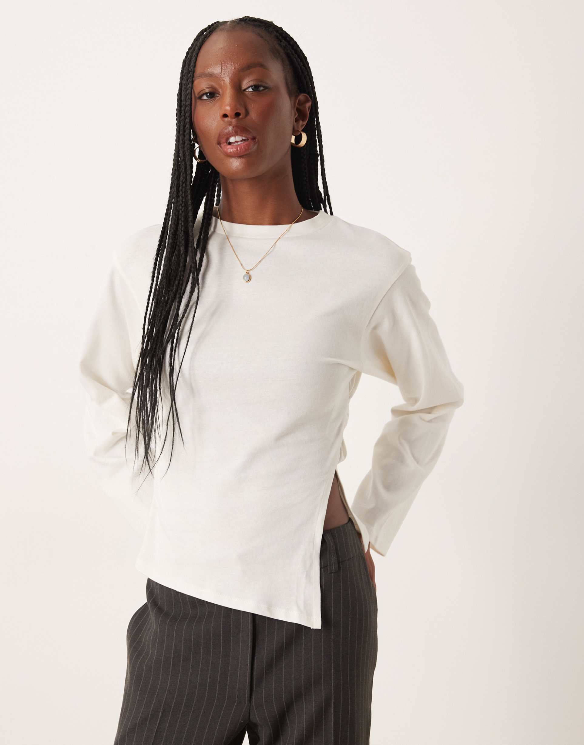 asos design cinched waist asymmetric hem long sleeve tee in cream