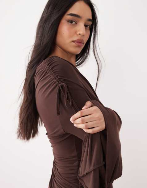 ASOS DESIGN cinched waist asymmetrical angel sleeve top in chocolate - view 1