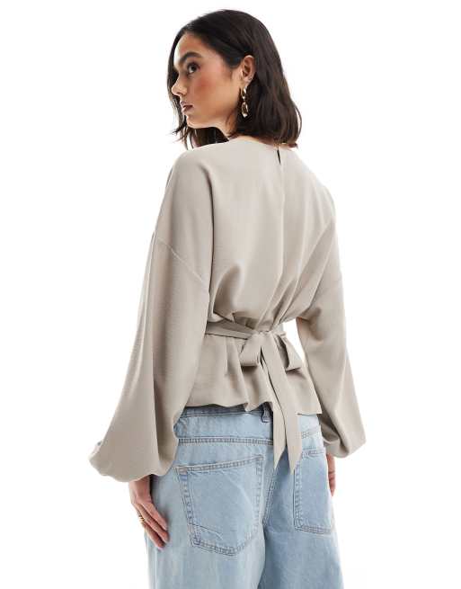 ASOS DESIGN cinched waist blouse with tie back detail in stone