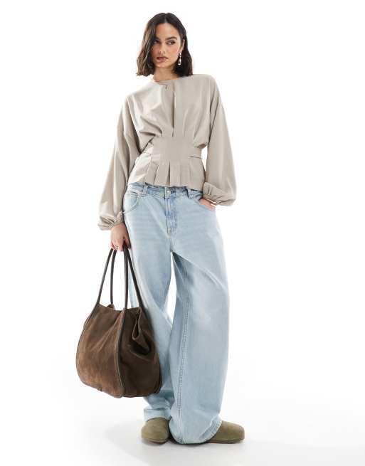 ASOS DESIGN cinched waist blouse with tie back detail in stone