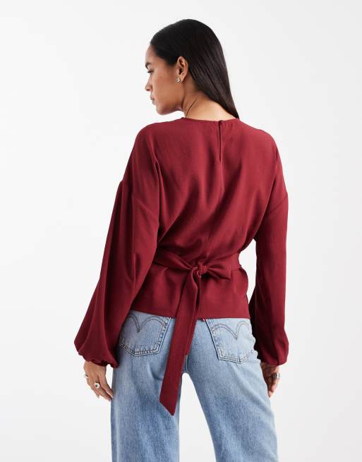 ASOS DESIGN cinched waist blouse with tie back in burgundy, 3 of 4