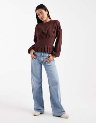 Asos Design Cinched Waist Blouse With Tie Back In Brown