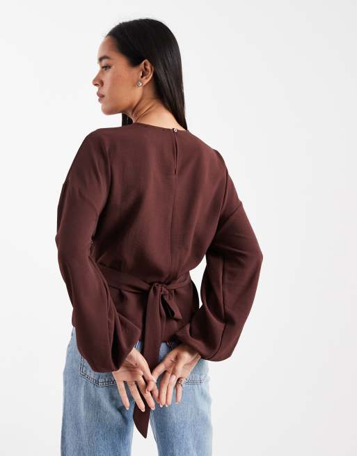 ASOS DESIGN cinched waist blouse with tie back in chocolate, 4 of 4
