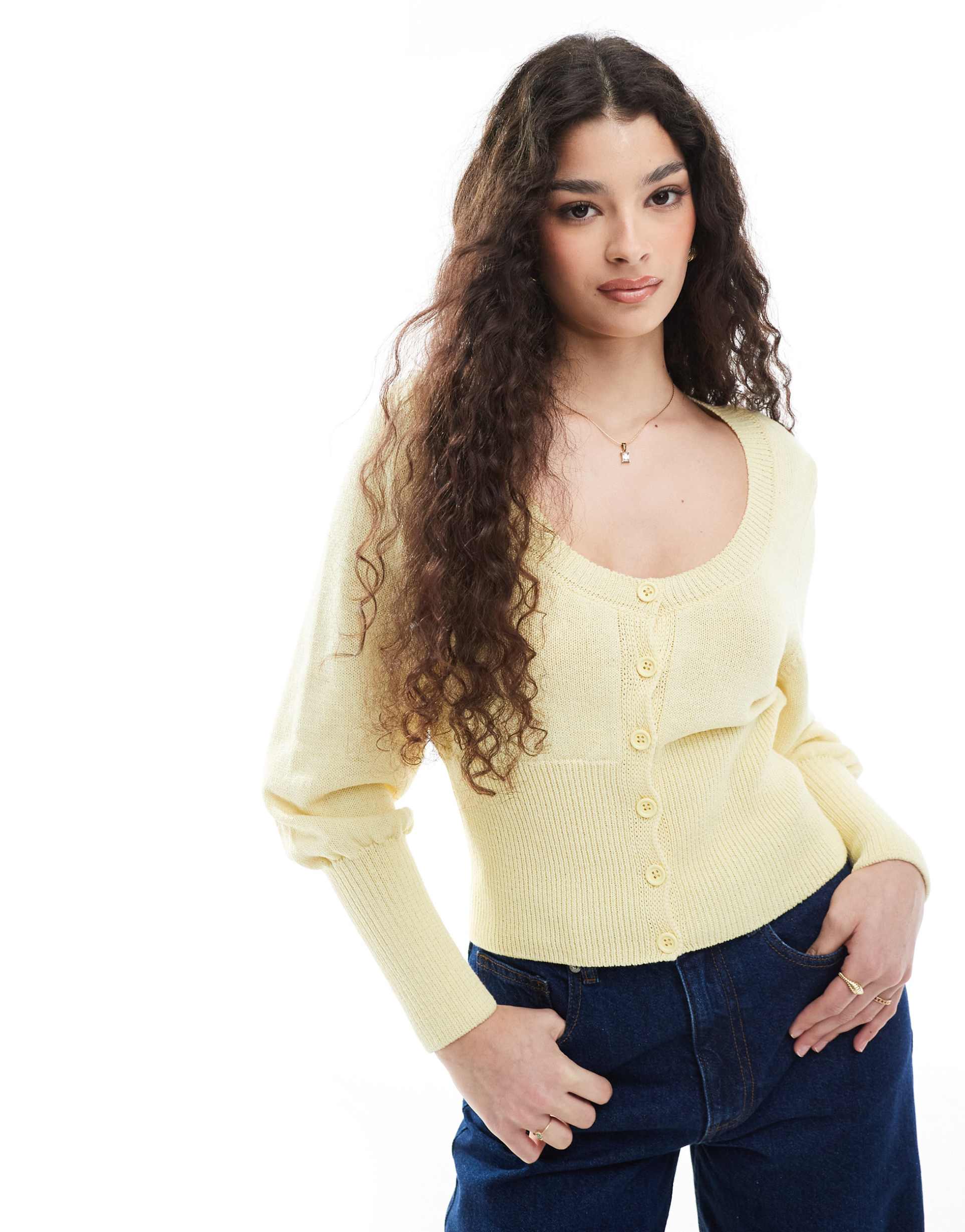 asos design cinched waist cardigan in butter yellow