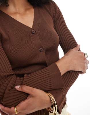 Asos Design Cinched Waist Cardigan With Ribbed Sleeves In Brown