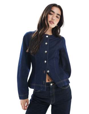 Asos Design Cinched Waist Collarless Denim Shirt With Cocoon Sleeve In Blue