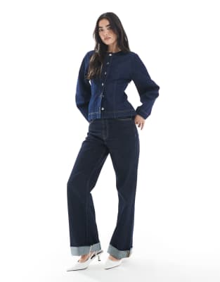 Asos Design Cinched Waist Collarless Denim Shirt With Cocoon Sleeve In Blue