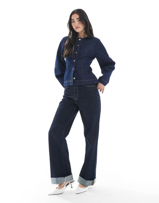 ASOS DESIGN cinched waist collarless denim shirt with cocoon sleeve in indigo, 2 of 4