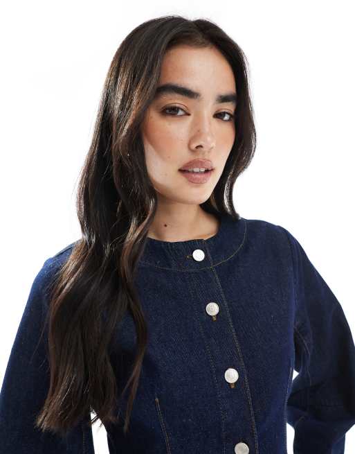 ASOS DESIGN cinched waist collarless denim shirt with cocoon sleeve in indigo, 3 of 4