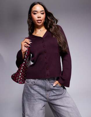 cinched waist compact knit cardigan in burgundy-Red