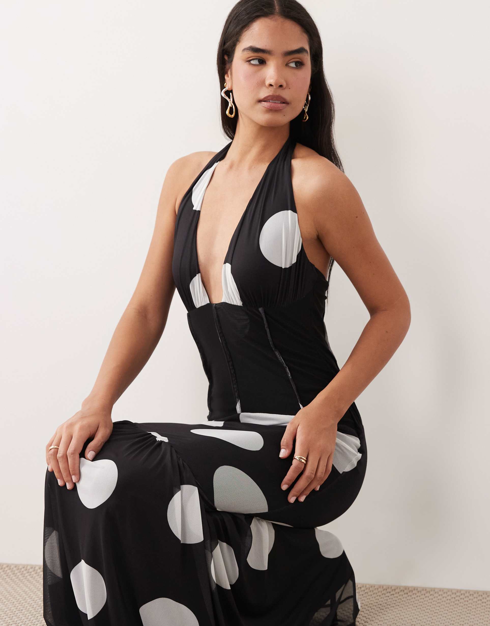 asos design cinched waist corset detail maxi dress with fishtail hem in black with white polka dots