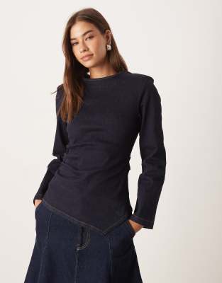 Asos Design Cinched Waist Denim Long Sleeve Top With Shoulder Pads In Blue