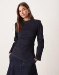 [ASOS DESIGN] ASOS DESIGN cinched waist denim long sleeve top with shoulder pads in rinse wash-Navy 14 Rinse wash