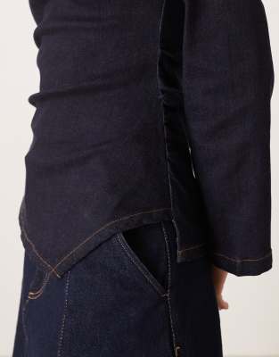 Asos Design Cinched Waist Denim Long Sleeve Top With Shoulder Pads In Blue