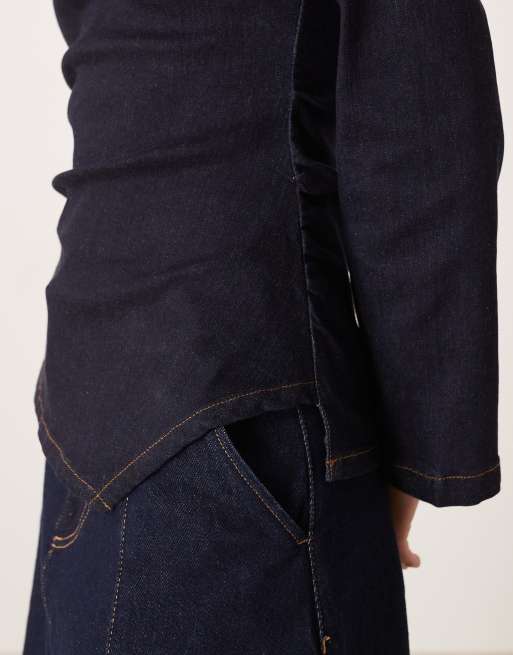 ASOS DESIGN cinched waist denim long sleeve top with shoulder pads in rinse wash, 2 of 4
