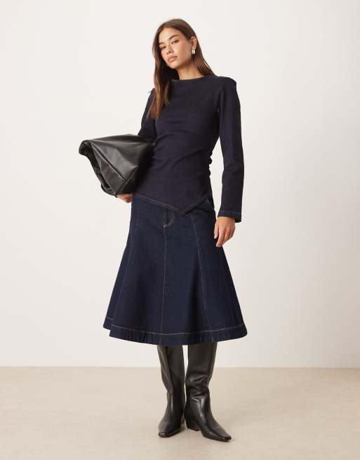 ASOS DESIGN cinched waist denim long sleeve top with shoulder pads in rinse wash, 3 of 4