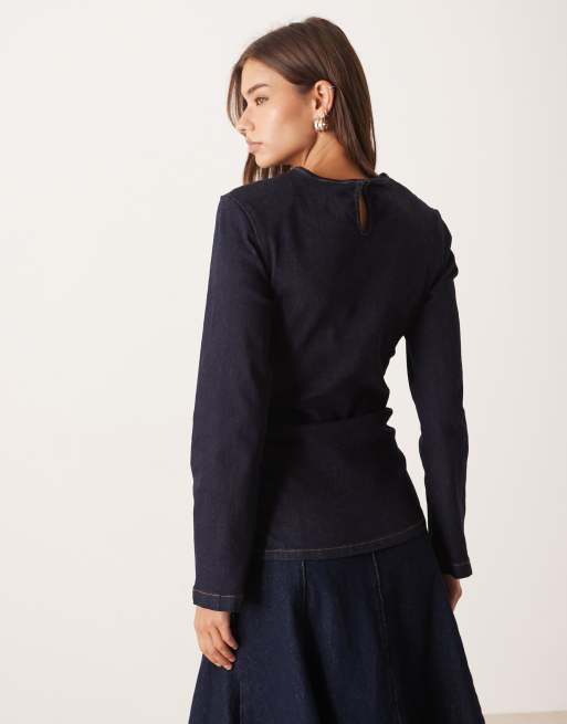 ASOS DESIGN cinched waist denim long sleeve top with shoulder pads in rinse wash, 4 of 4