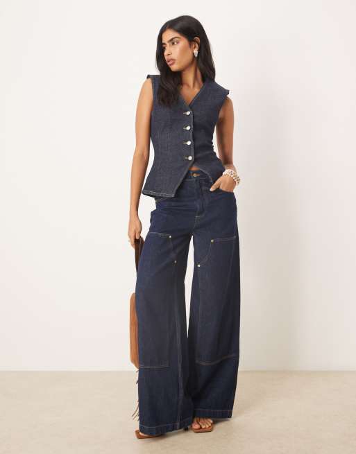 ASOS DESIGN cinched waist denim waistcoat with shoulder pads in rinse wash, 2 of 4
