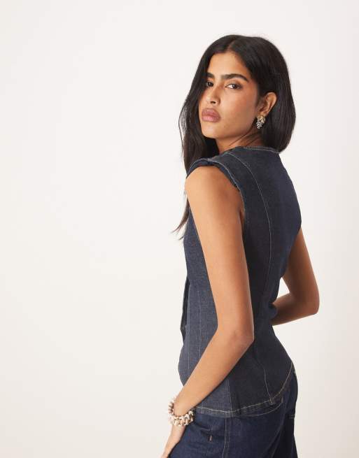 ASOS DESIGN cinched waist denim waistcoat with shoulder pads in rinse wash, 3 of 4