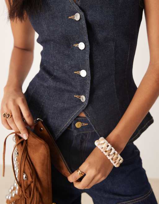 ASOS DESIGN cinched waist denim waistcoat with shoulder pads in rinse wash, 4 of 4