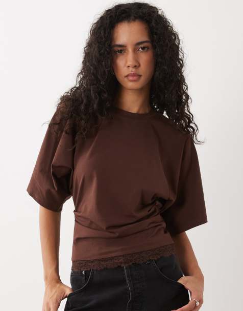 ASOS DESIGN cinched waist draped lace trim long sleeve t-shirt in brown - view 1