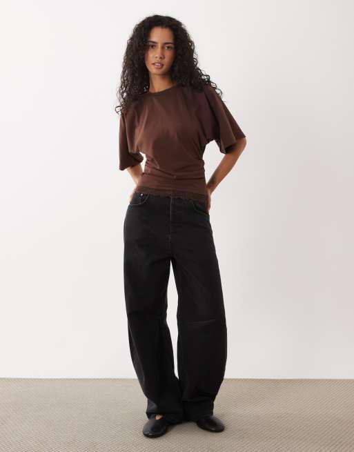 ASOS DESIGN cinched waist draped lace trim long sleeve t-shirt in brown, 2 of 4