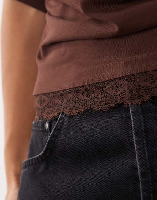 ASOS DESIGN cinched waist draped lace trim long sleeve t-shirt in brown, 3 of 4