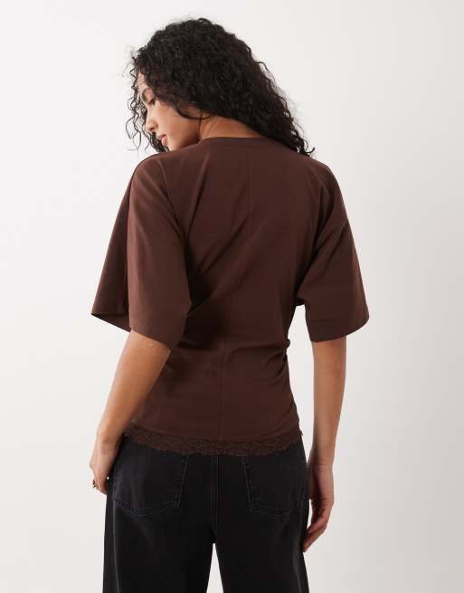 ASOS DESIGN cinched waist draped lace trim long sleeve t-shirt in brown, 4 of 4