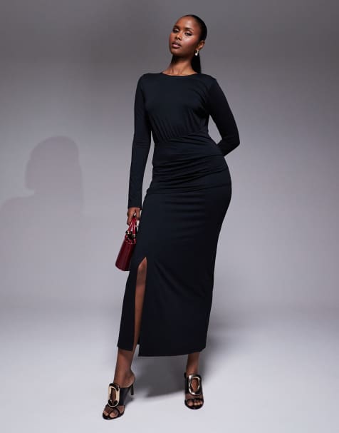 ASOS DESIGN cinched waist front slit detail maxi dress in black - view 1