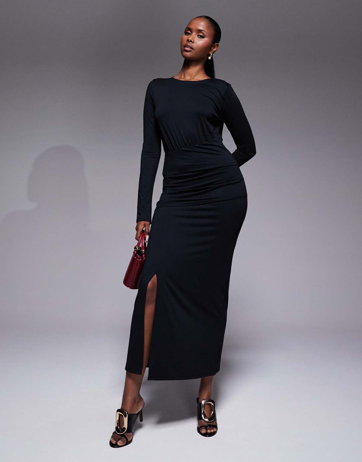 ASOS DESIGN cinched waist front slit detail maxi dress in black