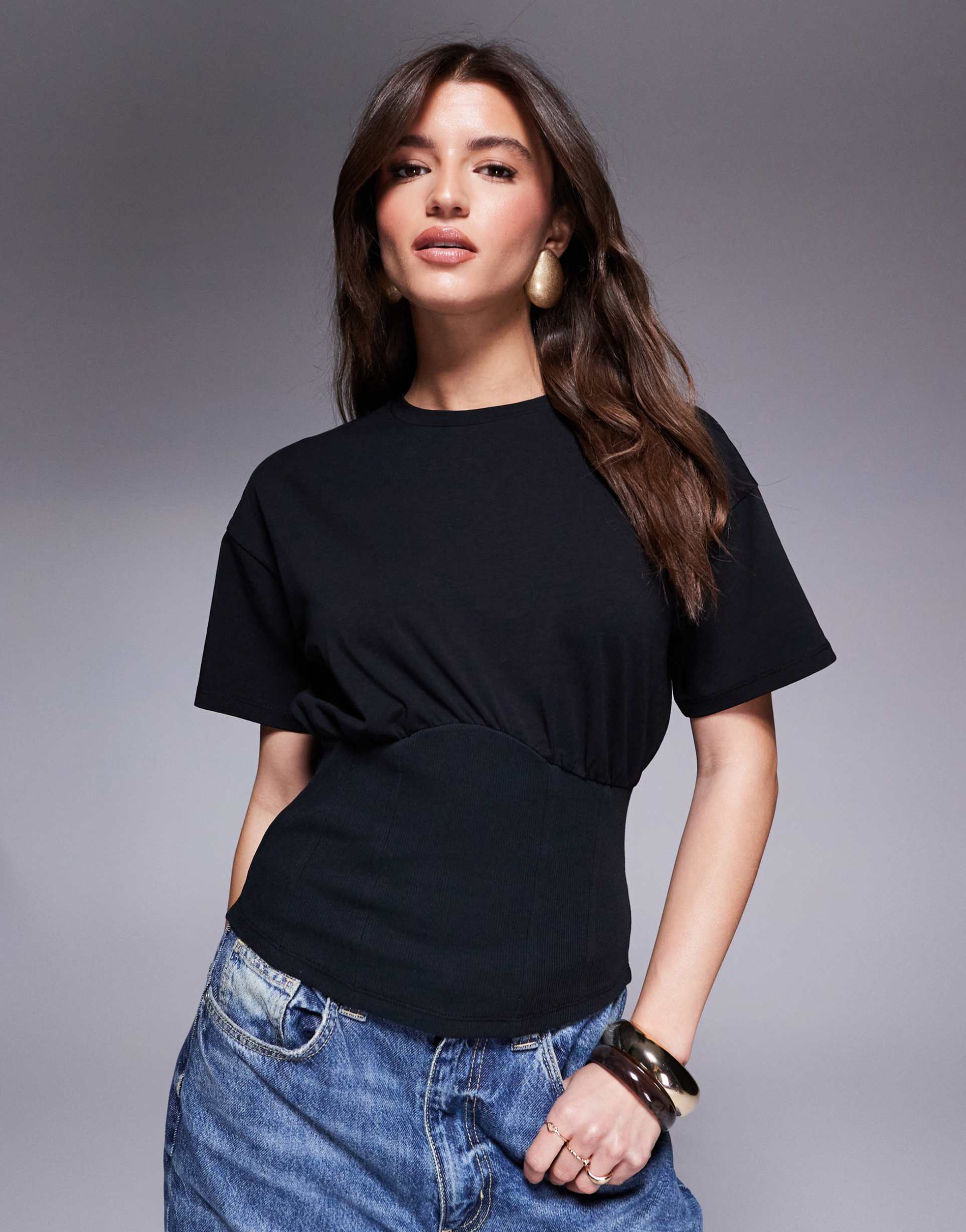 asos design cinched waist gathered t-shirt in black
