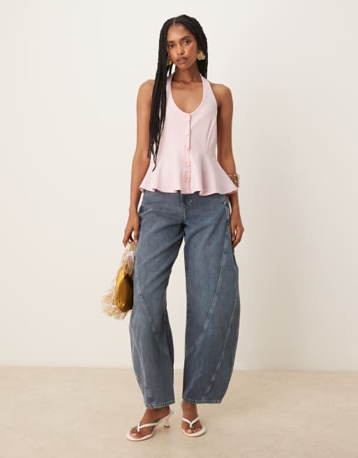 ASOS DESIGN cinched waist halter neck button up longline vest in baby pink, 2 of 4
