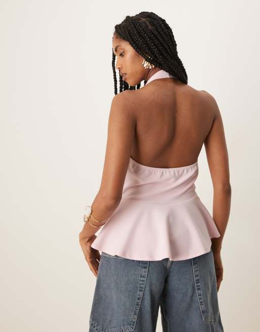ASOS DESIGN cinched waist halter neck button up longline vest in baby pink, 3 of 4