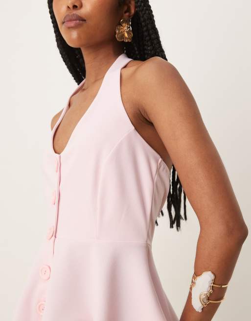 ASOS DESIGN cinched waist halter neck button up longline vest in baby pink, 4 of 4