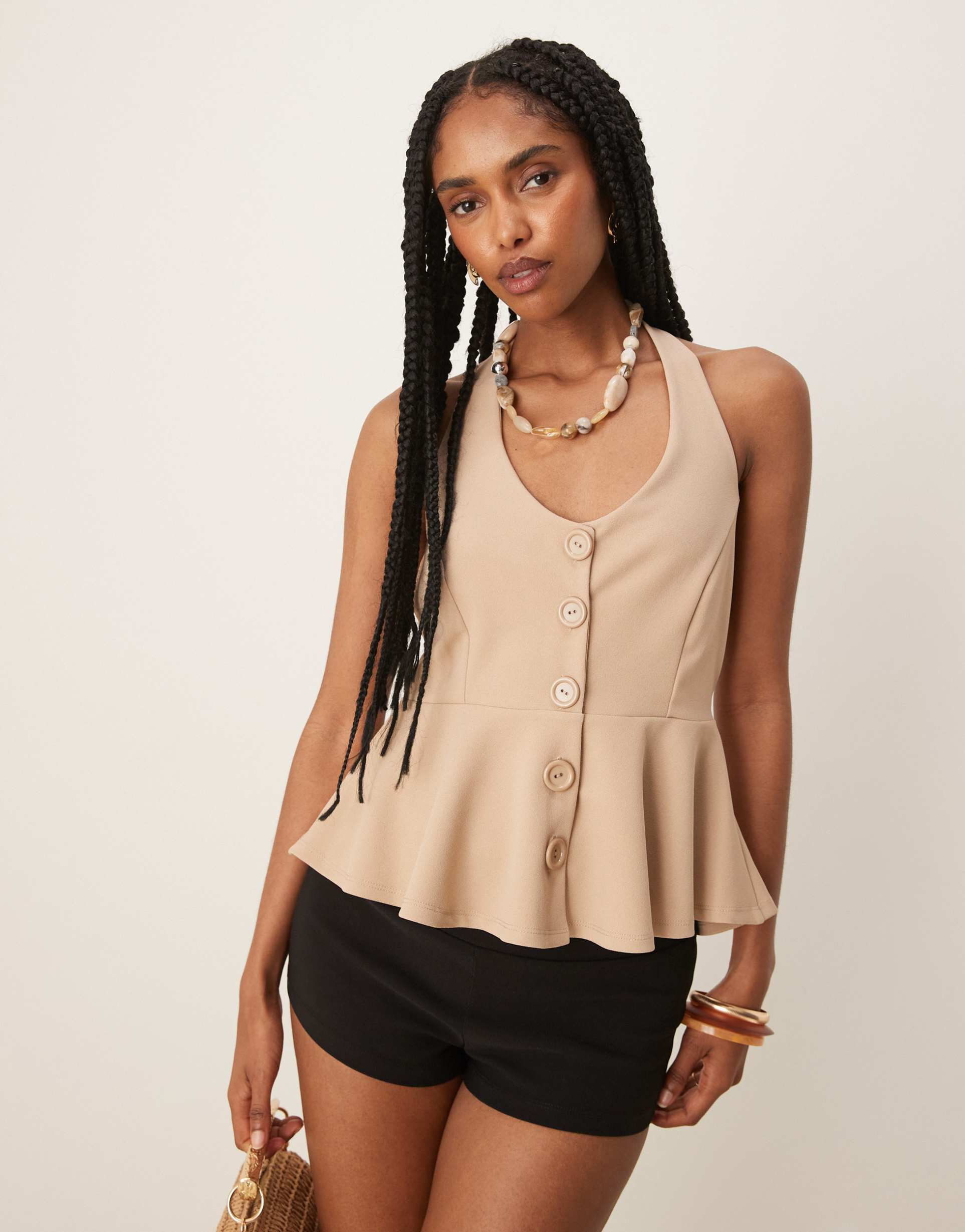 asos design cinched waist halter neck button up longline vest in stone