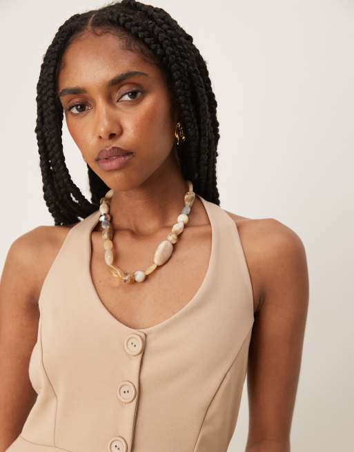 ASOS DESIGN cinched waist halter neck button up longline vest in stone, 4 of 4