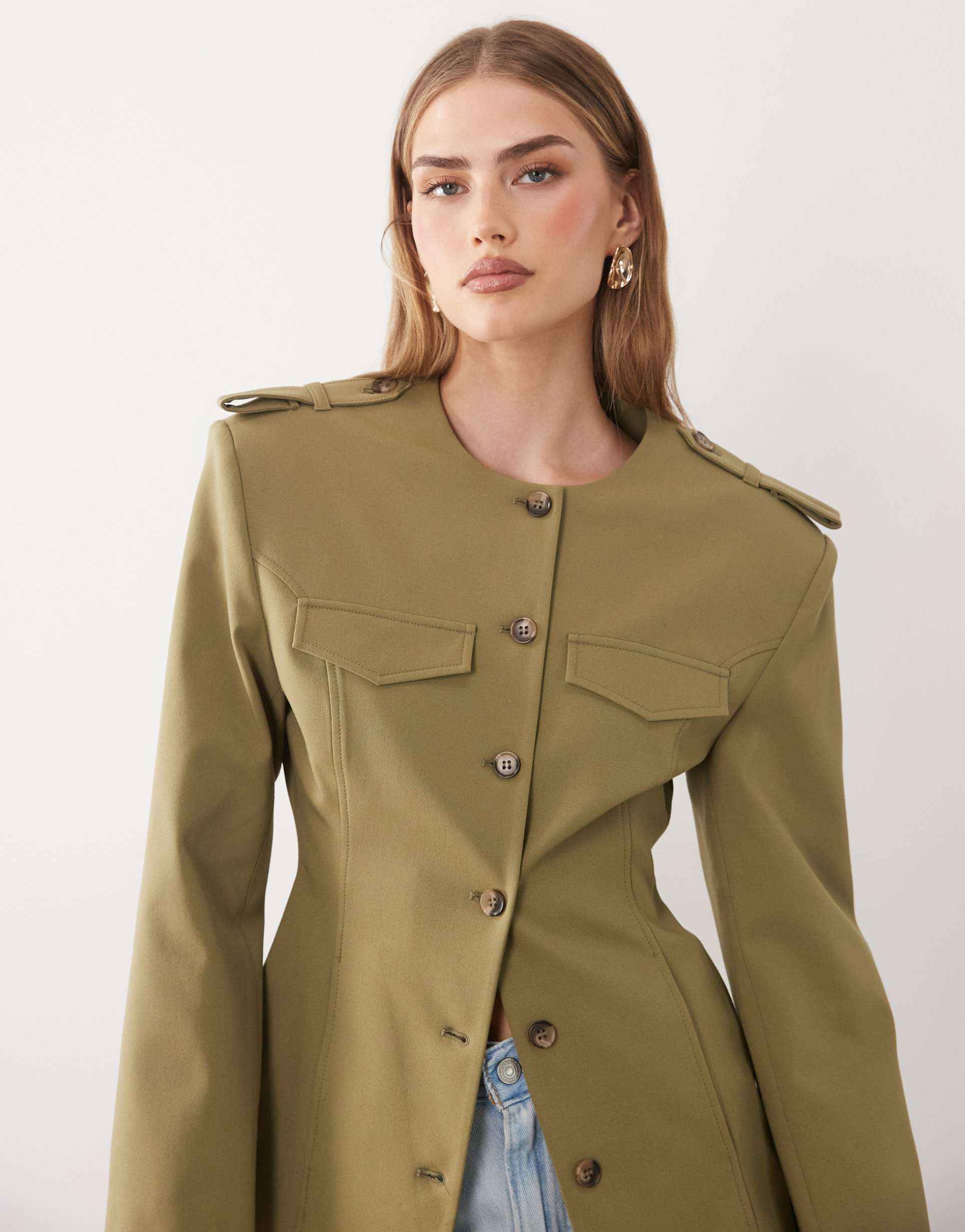 asos design cinched waist jacket in khaki