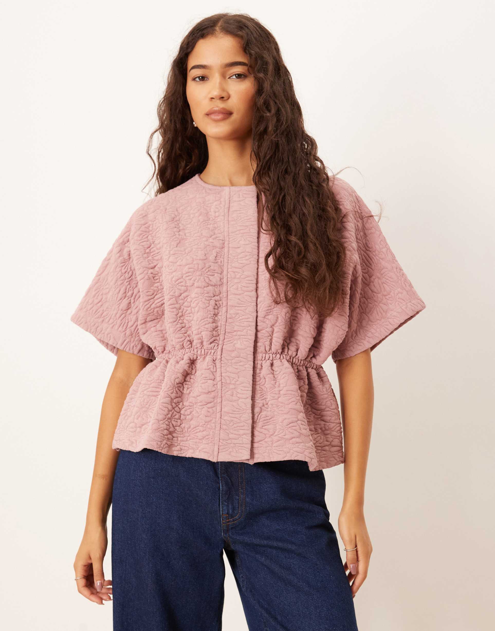 asos design cinched waist jacket with pink floral jacquard design