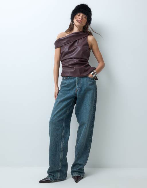 ASOS DESIGN cinched waist leather look asymmetric neck top in burgundy, 2 of 5