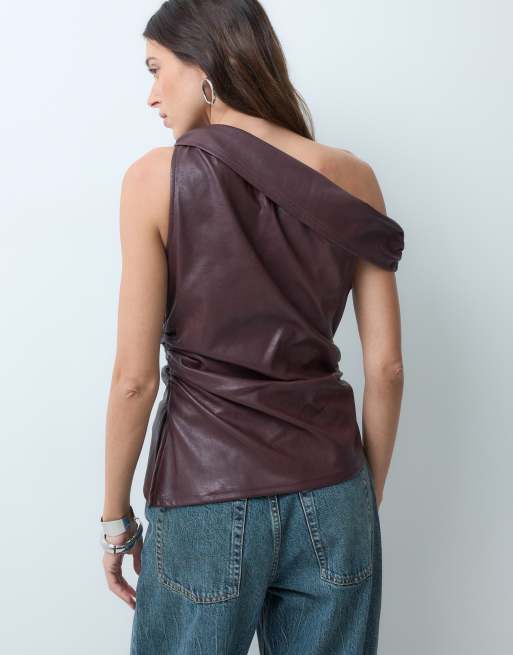 ASOS DESIGN cinched waist leather look asymmetric neck top in burgundy, 5 of 5