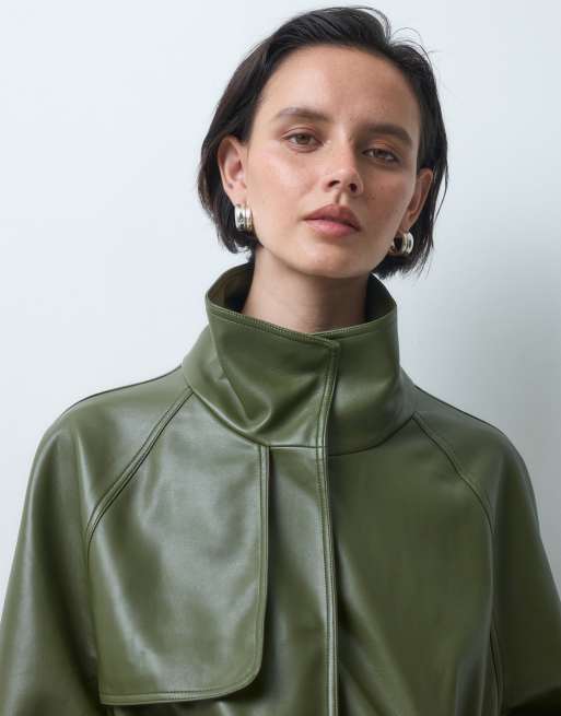 ASOS DESIGN cinched waist leather look funnel jacket in olive, 2 of 4