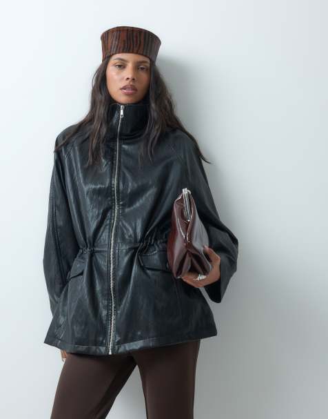 ASOS DESIGN cinched waist leather look harrington jacket in black - view 1